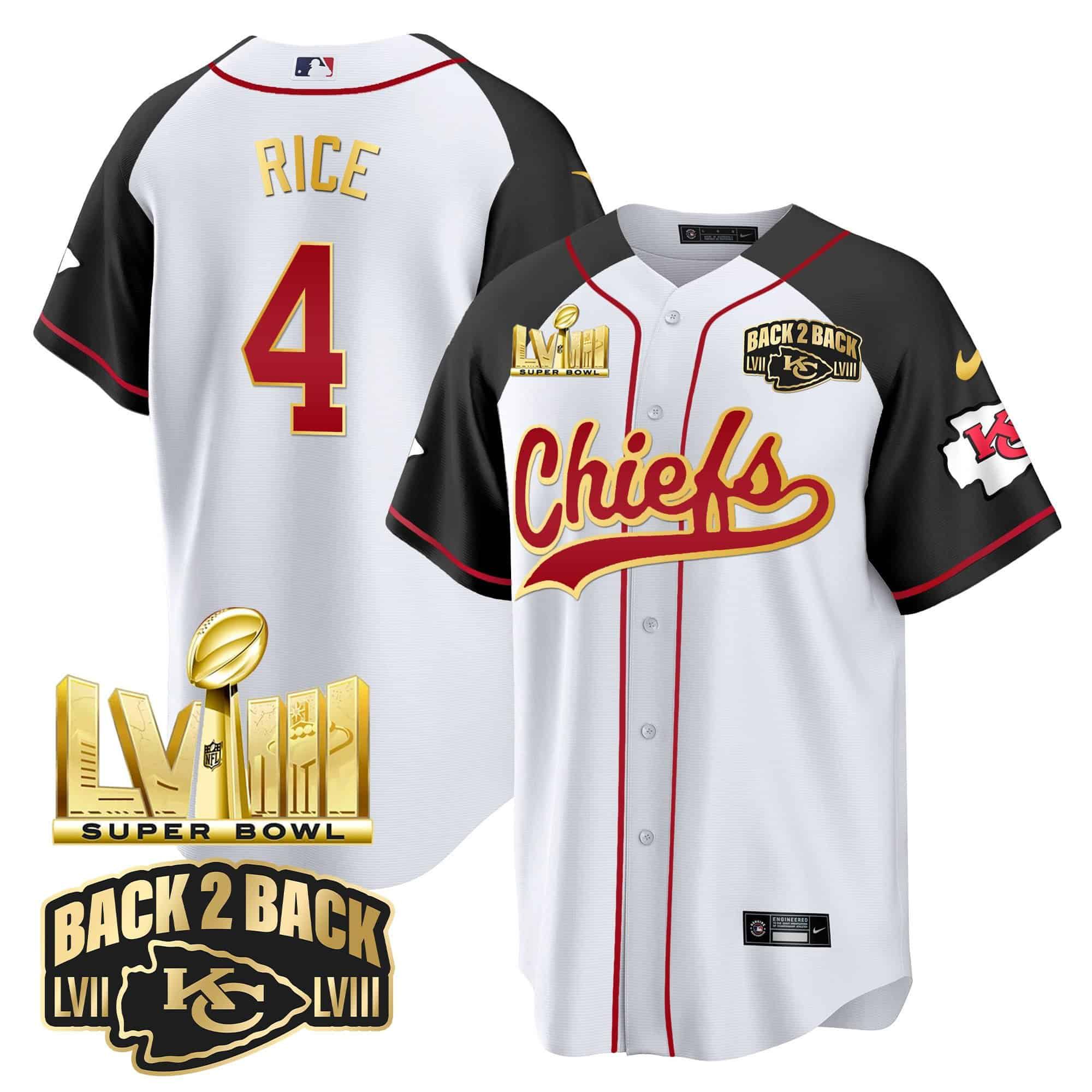 Men Kansas City Chiefs #4 Rice White 2024 Nike Super Bowl LVIII Back-2-Back Gold Patch Baseball NFL Jersey style 1